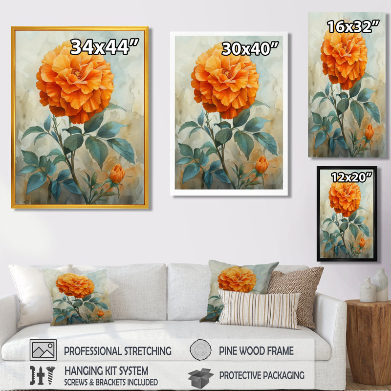 Orange orange, fleur parfumée, souci I - impression murale souci, H 12 po x l 20 po, Cadre simple noir, bois massif