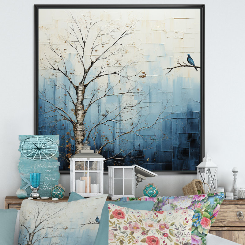 Minimalisme, arbre bleu, charme III sur toile, Cadre flottant noir, H 16 po x l 16 po x P 1 po