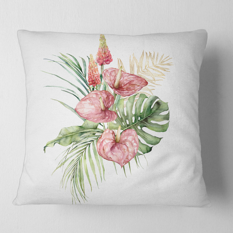 Housse de coussin et insert carré Tropical Bouquet avec Anthurium lupin et feuilles I, 18" x 18"