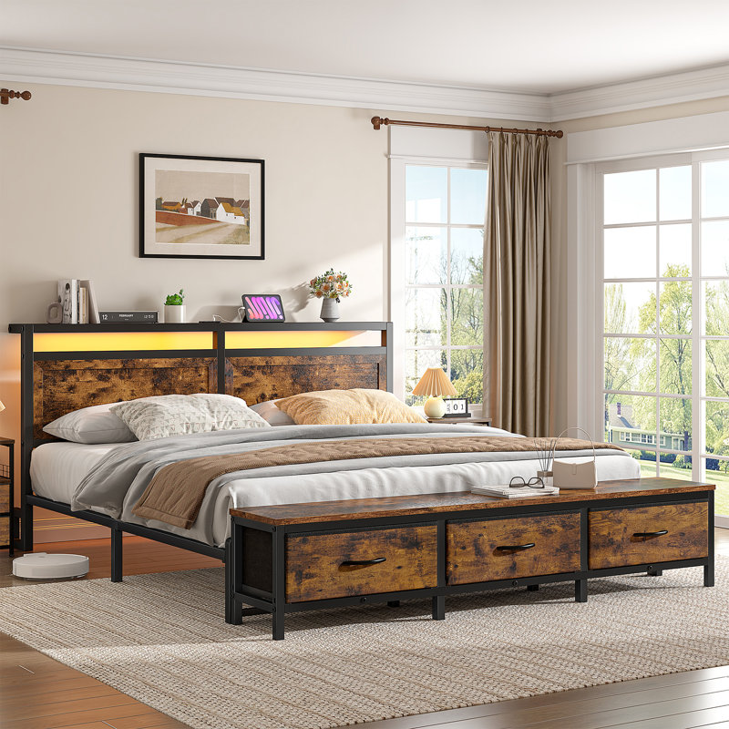 Farmhouse Bed Frame With 3 Storage Drawers Bench, Led Lights And Charging Station, Brown, Full / Double