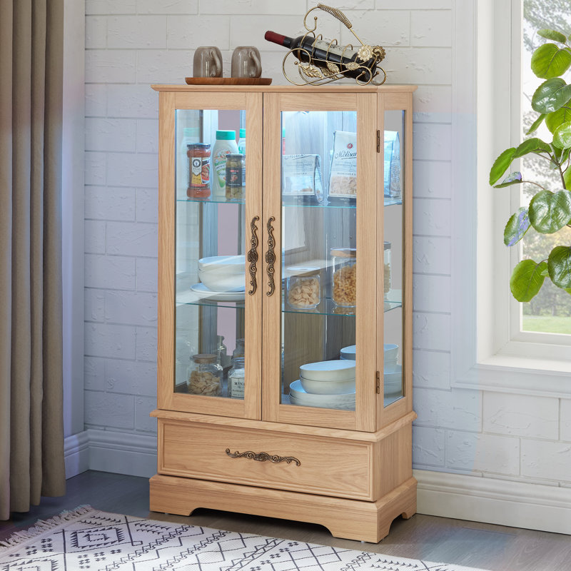 Vitrine lumineuse en verre avec tablettes réglables - 2 portes, 1 tiroir, lumières DEL, finition chêne clair élégant