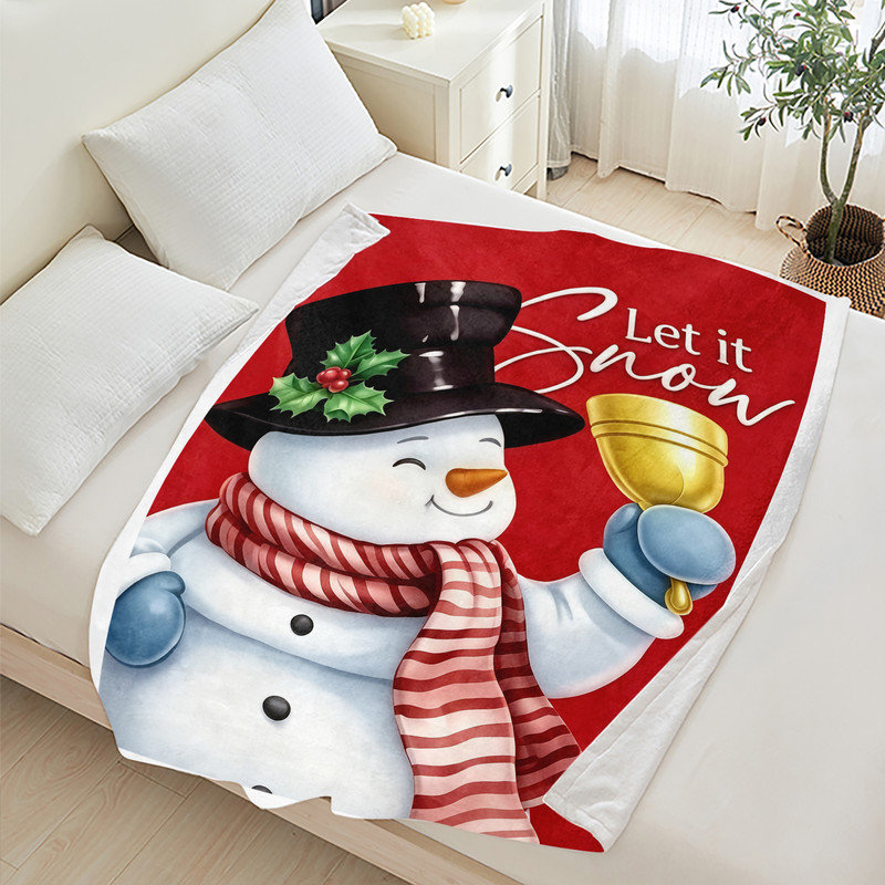 Couverture polaire en flanelle de Noël JYK, légère, respirante, douce et chaude en microfibre pelucheuse, 127 x 152 cm, motif bonhomme de neige et cloche