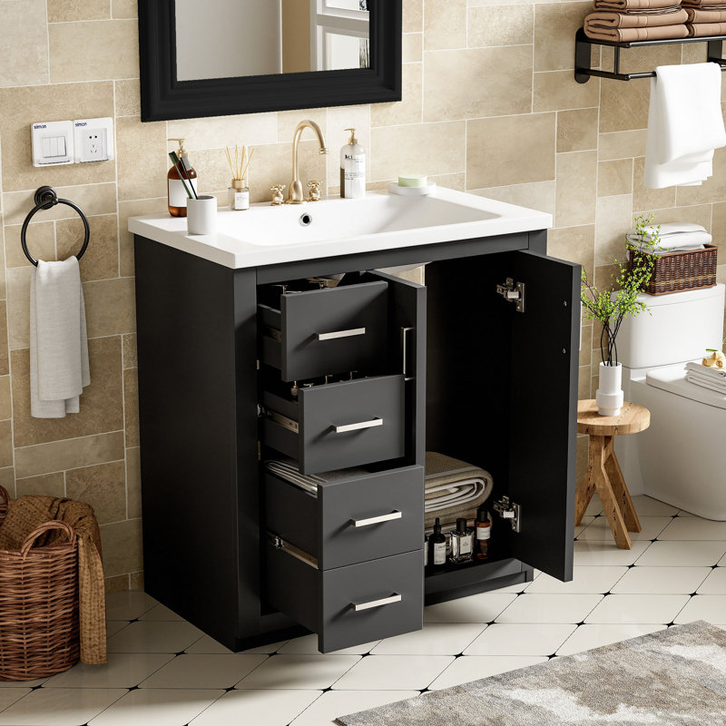 Ensemble de meuble-lavabo 30 po avec lavabo en céramique, armoire de rangement en bois massif, ensemble de meuble-lavabo autoportant avec 3 tiroirs et portes à fermeture douce