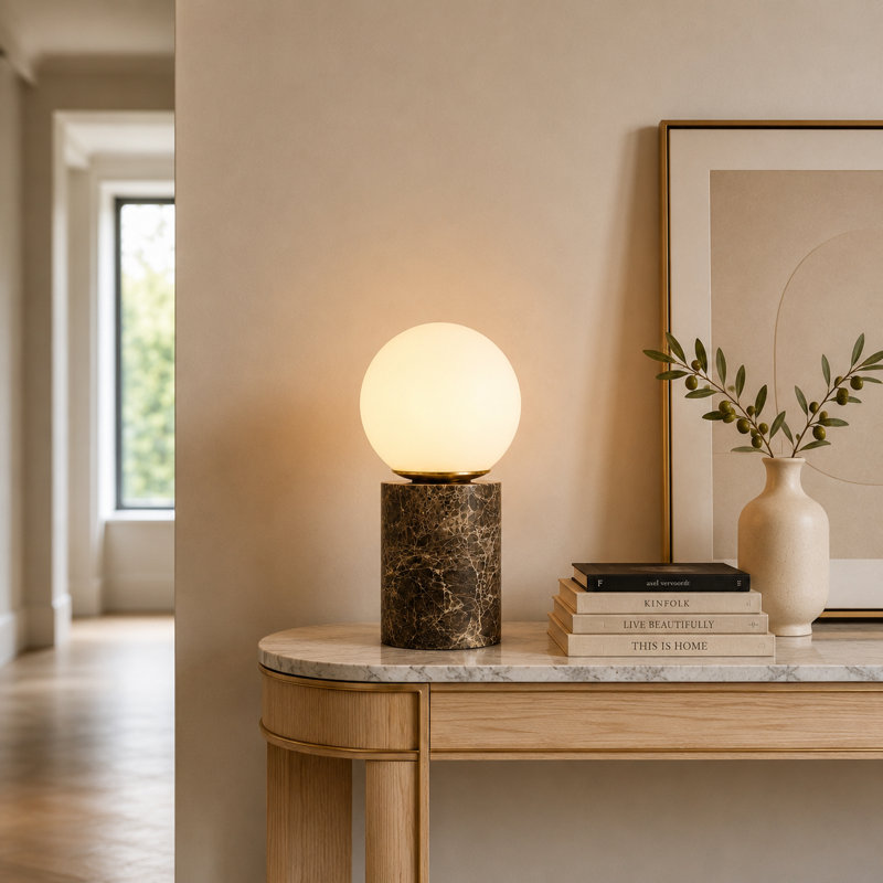 11.5" Modern Natural Brown Marble Table Lamp with Milky Glass Globe Shade, Brown