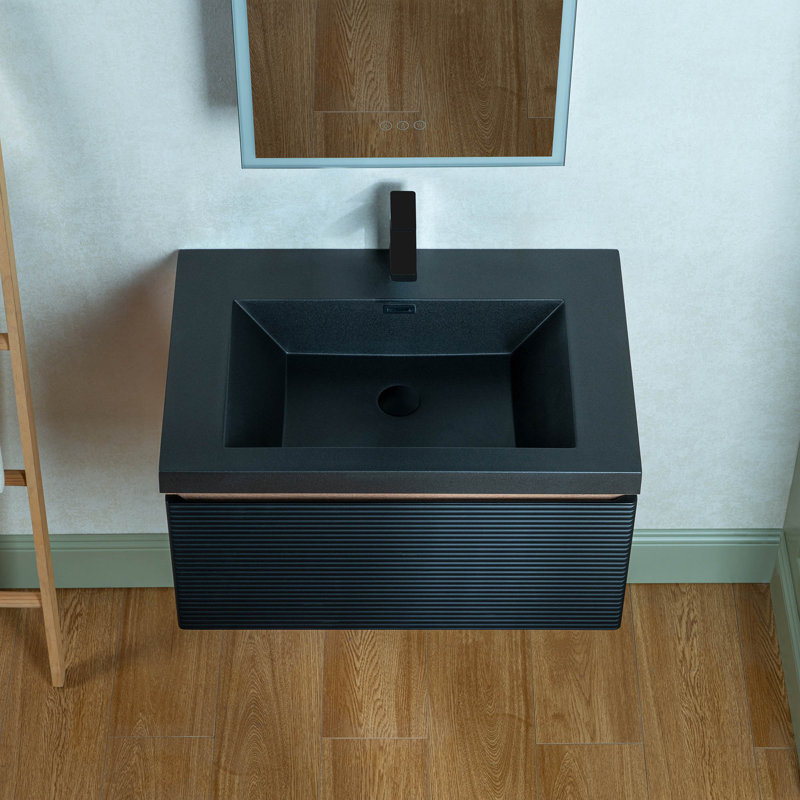 Meuble-lavabo mural flottant de 30 po avec plateau en pierre frittée noire de qualité supérieure WOODBRIDGE, 30"