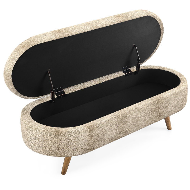 Banc de rangement ovale brun, 43,5 po x 16 po x 16 po, pieds en bois d'hévéa, fabriqué à la main par un meuble, sert de repose-pieds ou de siège, ornement en tissu plissé, banc décoratif, brun, professionnel, siège de travail,