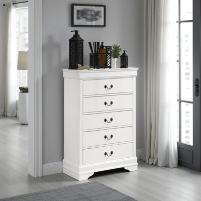 Commode haute Nim, 5 tiroirs de rangement, garniture moulée blanche classique