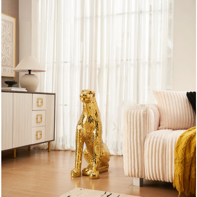 Figurines et sculptures de panthères assises dorées de 80 cm (31,25 po) avec finition mosaïque miroir, décoration intérieure