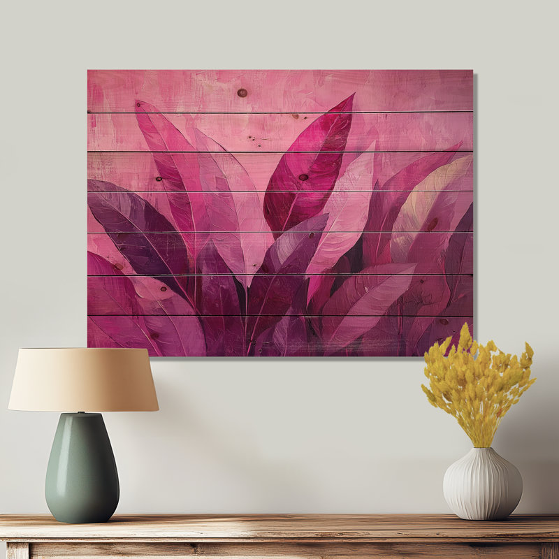 «Magenta Leaves Blossom II», art mural sur bois de feuilles, sur bois de pin naturel, H 30 po x l 40 po