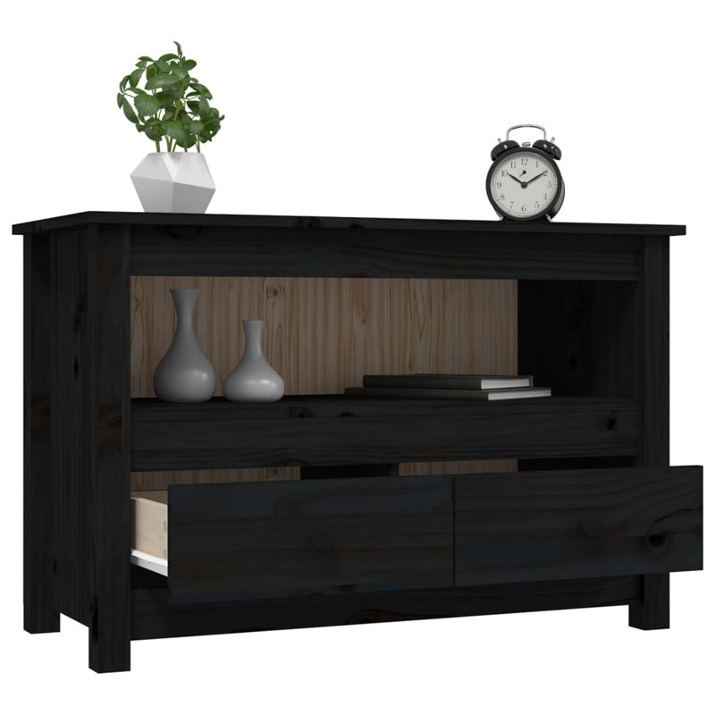 TV Cabinet Solid Pine Wood Large TV Cabinet Rectangular, Black, 20.5"H x 31.1"L x 13.8"W