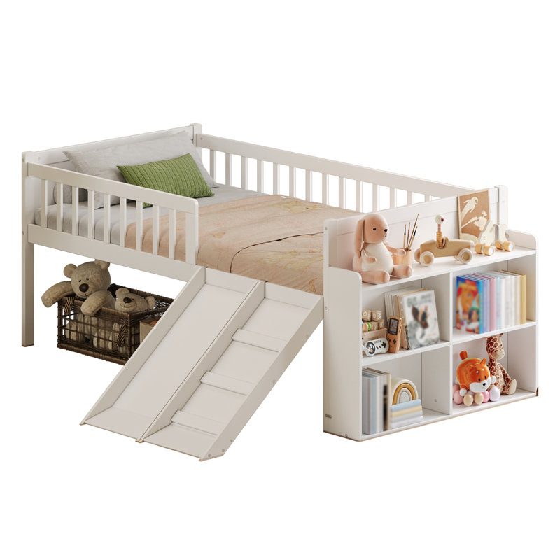 Structure de lit simple avec tablette de rangement, structure de lit en bois avec glissière et échelle, lit plateforme simple avec garde-corps, aucun sommier requis, assemblage facile, blanc