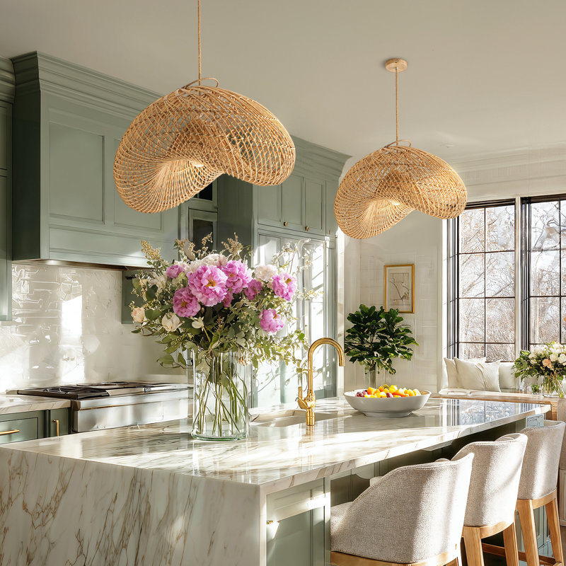 Sepherina Rattan Pendant Light - 24" Natural Handwoven Adjustable Light Fixture For Kitchen Island, Dining Room or Living Room in Farmhouse & Modern Style