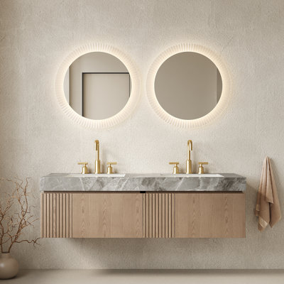 Meuble-lavabo 60 po Muri, meuble de rangement flottant, comptoir en pierre frittée gris clair et 2 lavabos en céramique avec 3 trous de robinet pré-percés, pré-assemblé, couleur grain de bois Heidelberg