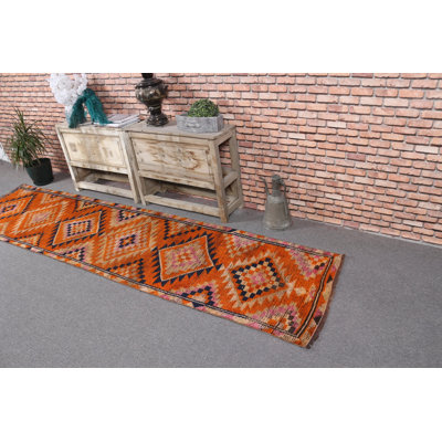 Herki Vintage Turkish Runner Rug with Hallway Size in Vibrant Orange for Home Decor