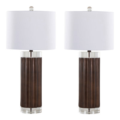 Cylinder Fluted 29.25" Contemporary Polyresin Table Lamp In Brown, Clear K9 Crystal And White Linen Shade From Grandview Gallery - Set Of 2
