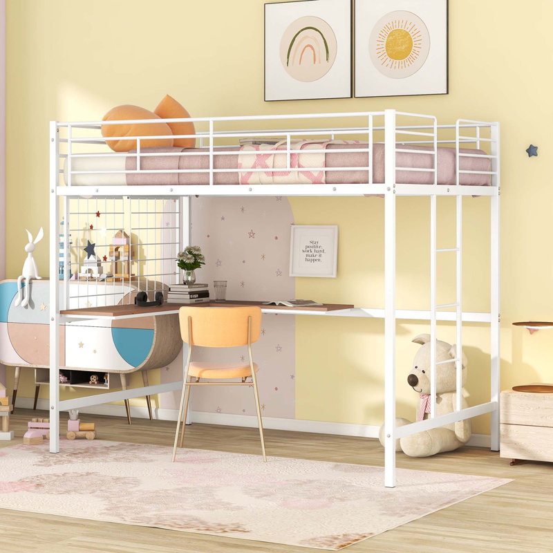 Loft Bed With Desk And Metal Grid, Twin, White