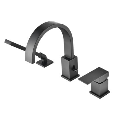 Waterfall Tub Faucet In Matte Black - Deck Mount 3 Roman. 2.16" Max Thickness, Ceramic Cartridge For Smooth Operation, With Hand Shower Mounted Black. Roman Filler, 1.5 Gpm Flow,