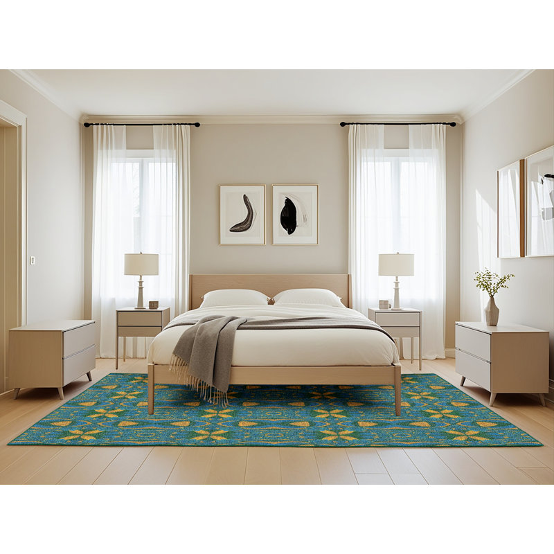 Géométrique/turquoise/jaune Tapis décoratif, Rectangle 5 pi x 8 pi