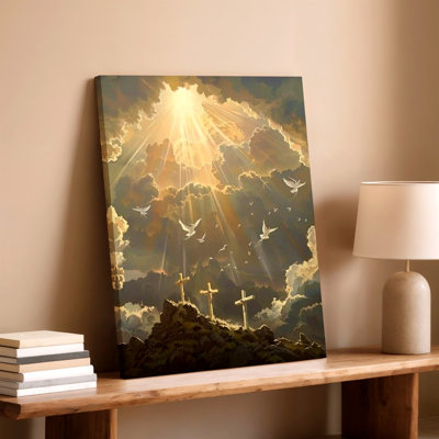 Christian He Is Risen Alleluia Cross Dove Prayer Easter Floral Canvas Wall Art Print, Christian Religious, Floral Botanical, Animal Inspired Decorative Wall Decor For Living Room Bedroom Office