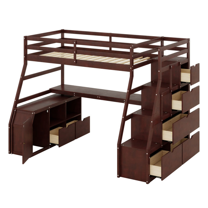 Lit mezzanine avec tiroirs, tablettes et bureau, Espresso