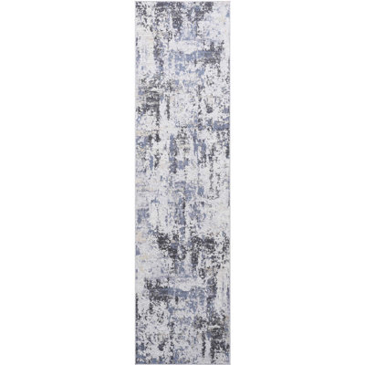 Tapis 2 x 8 tissé et gris / denim abstrait, teinture sans perte de qualité pour le bureau à domicile, cuisine de style moderne et pour animaux de compagnie, salon de salle à manger à poils moyens, élégant