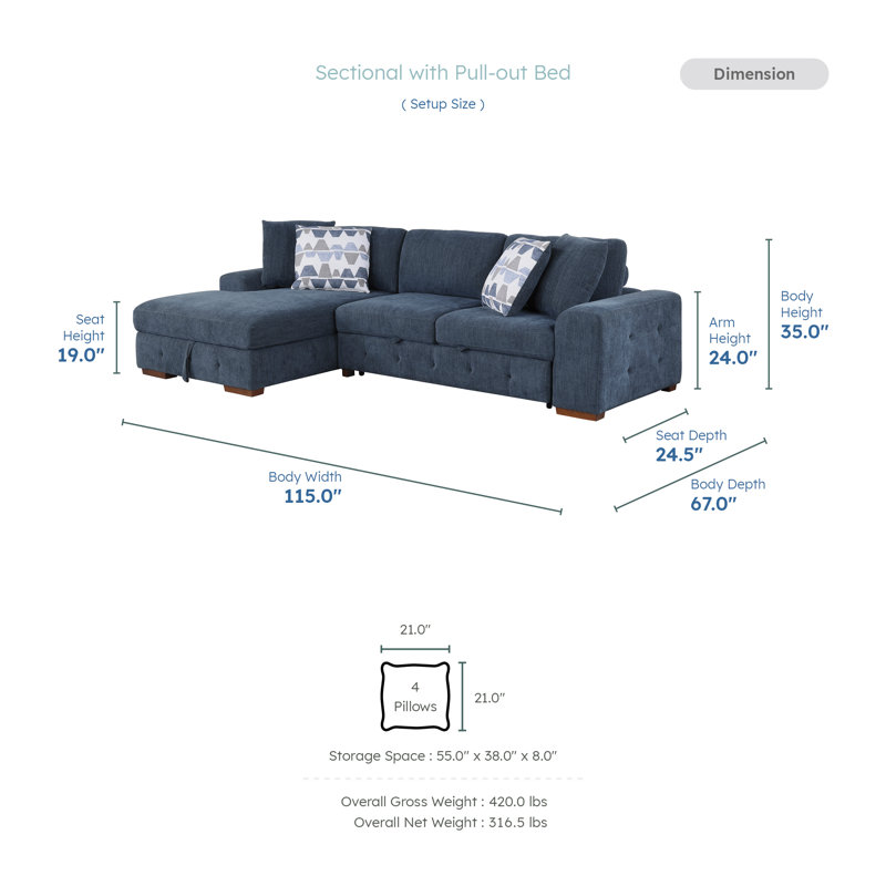 Odesser115"W 2-Piece Chenille Sectional Sofa Sleeper with Chaise