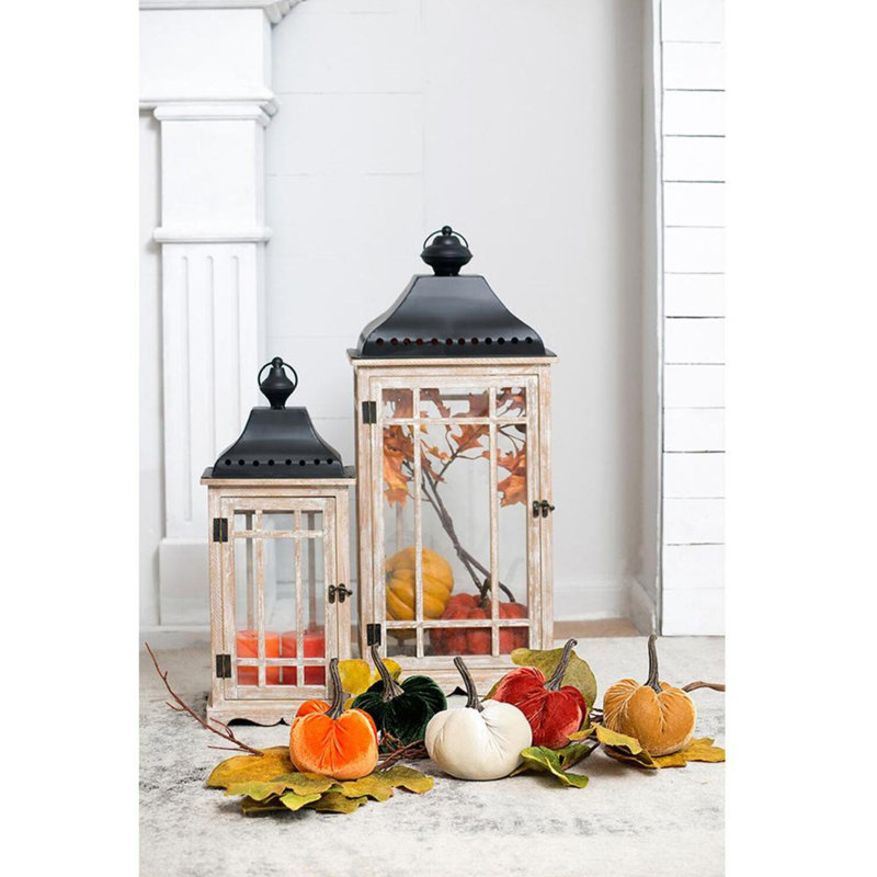 Wood Lanterns with Tin Roof - Set of 2