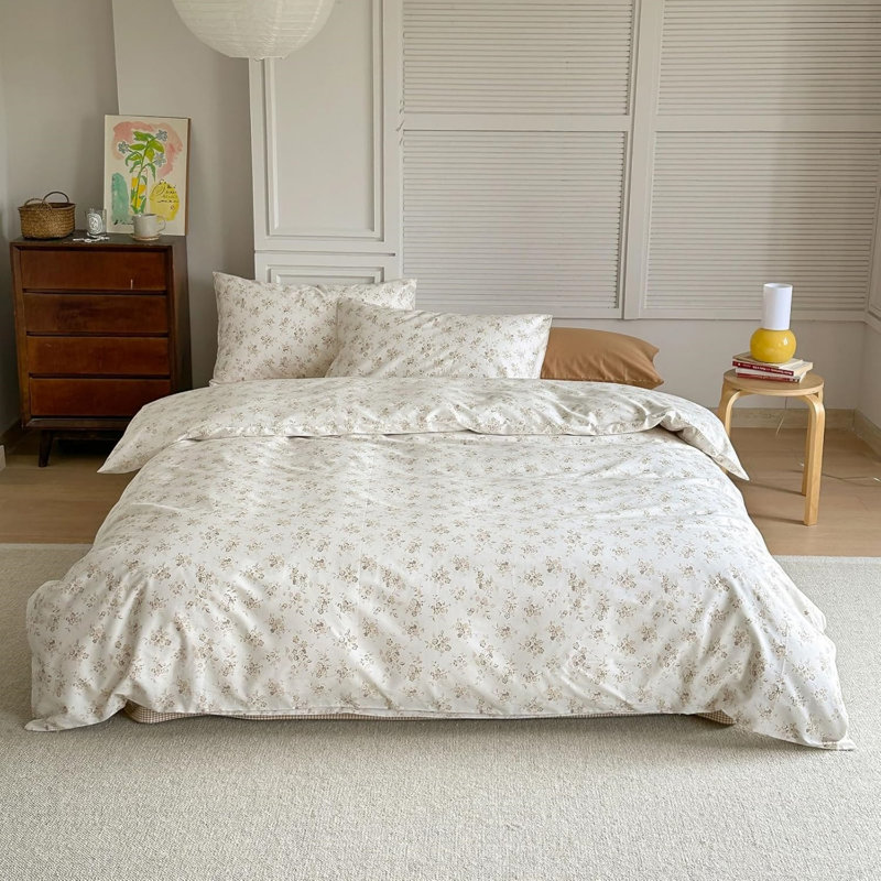 Cotton Floral Print Duvet Cover Set, Brown Floral, Full Duvet Cover + 4 Additional Pieces
