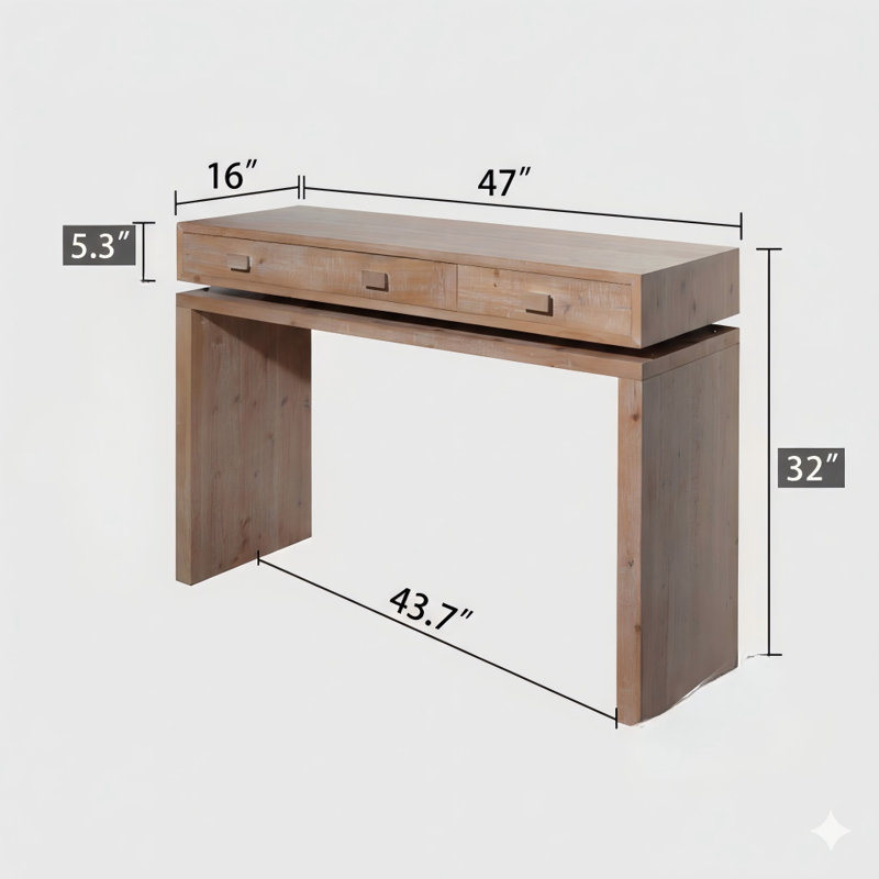 Console rustique en bois avec trois tiroirs, table d'entrée de 47 pouces avec rangement, console en bois pour hall d'entrée, vestibule, vestibule, couloir ou bureau