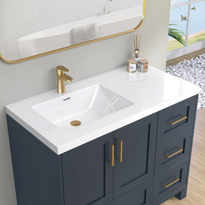 42 Inch Solid Surface Bathroom Vanity Top with Left Side Integrated Sink, Bright White Seamless Countertop, Waterproof & Easy Install