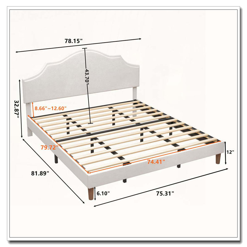 Lit plateforme tapissier avec tête de lit réglable, rembourrage en tissu de lin