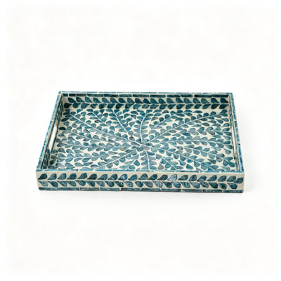 Blue Wooden Mosaic Tray With Mother Of Pearl Inlay Handles For Breakfast Tea