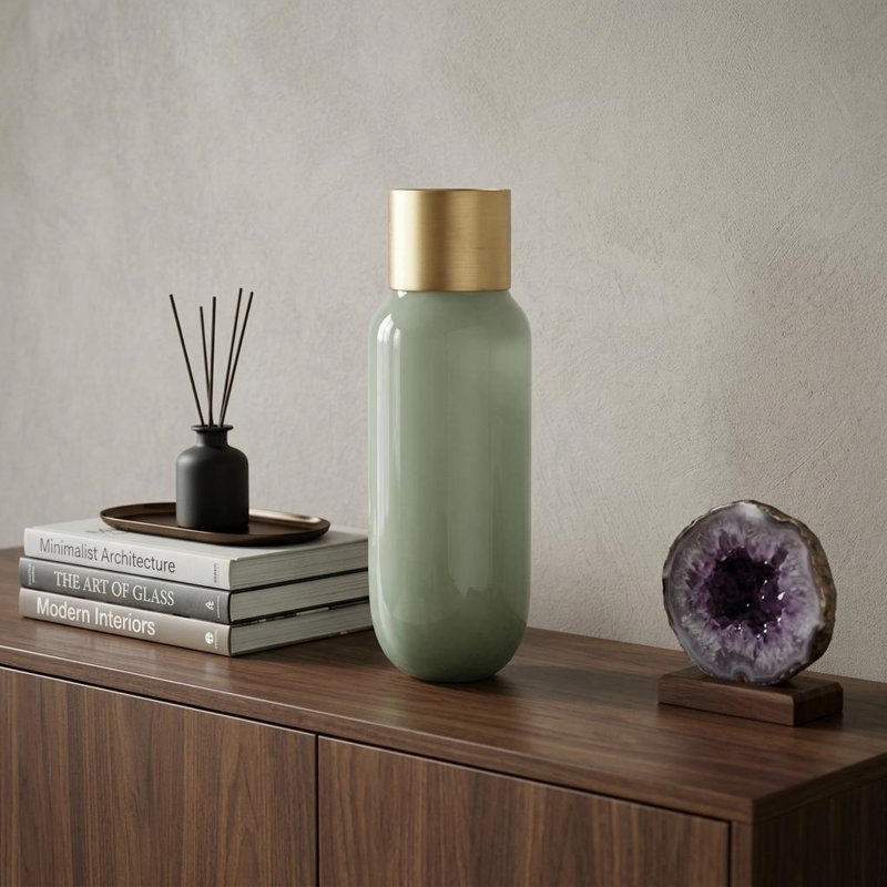 Trashawn Medium Mint Glass Vase W/Matte Gold Metal Neck Cuff