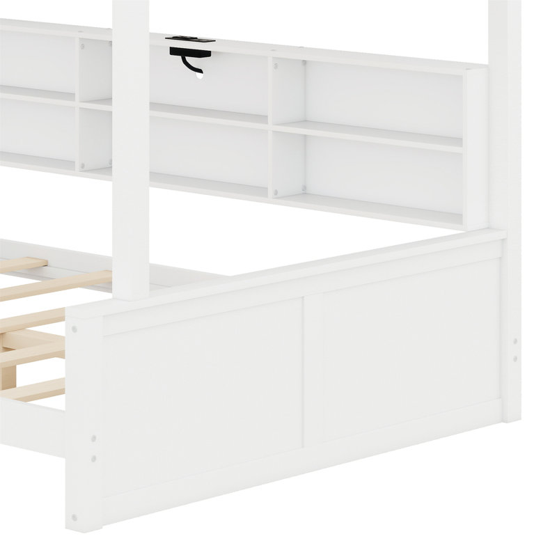 Lit superposé avec armoires de rangement et ports USB, Double TG sur grand, Blanc antique