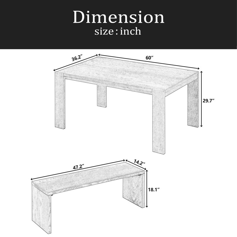 Ensemble de salle à manger 3 pièces de style campagnard simple, table de salle à manger et 2 bancs, pour la salle à manger, la cuisine et le salon