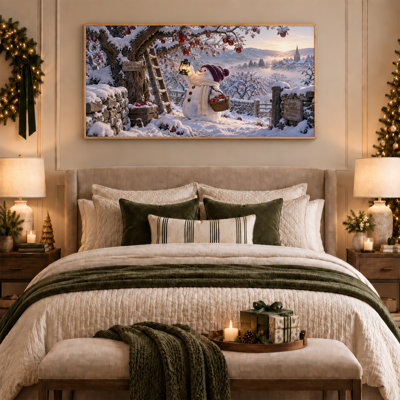 «Snowman» tenant une lanterne dans un verger de pommes enneigées, art mural de Noël