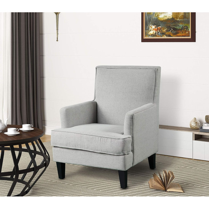 Fauteuil de salon rembourré transitionnel, chaise en lin gris clair avec garniture cloutée