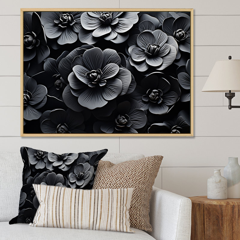 «Black Pansies Emerge From The Shadows I», reproduction sur toile, H 34 po x l 44 po x P 1,5 po, Cadre flottant blanc