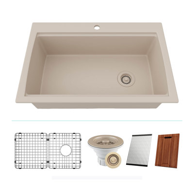 LEXICON 33" x 22" Workstation Kitchen Sink, Platinum Quartz Kitchen Sink, Single Bowl Sink, Drop-in Sink, Undermount Sink, Granite Kitchen Sink, with wooden cutting board, rollup drain mat, Steel Grids and Basket Strainer, Disposal Flange