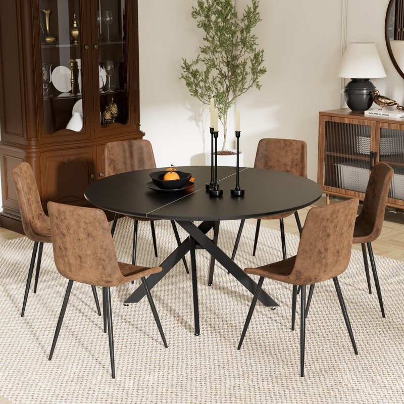 Ensemble de table de salle à manger ronde 47,2 po avec chaises en suède, 7, Noir, noir, noir, noir