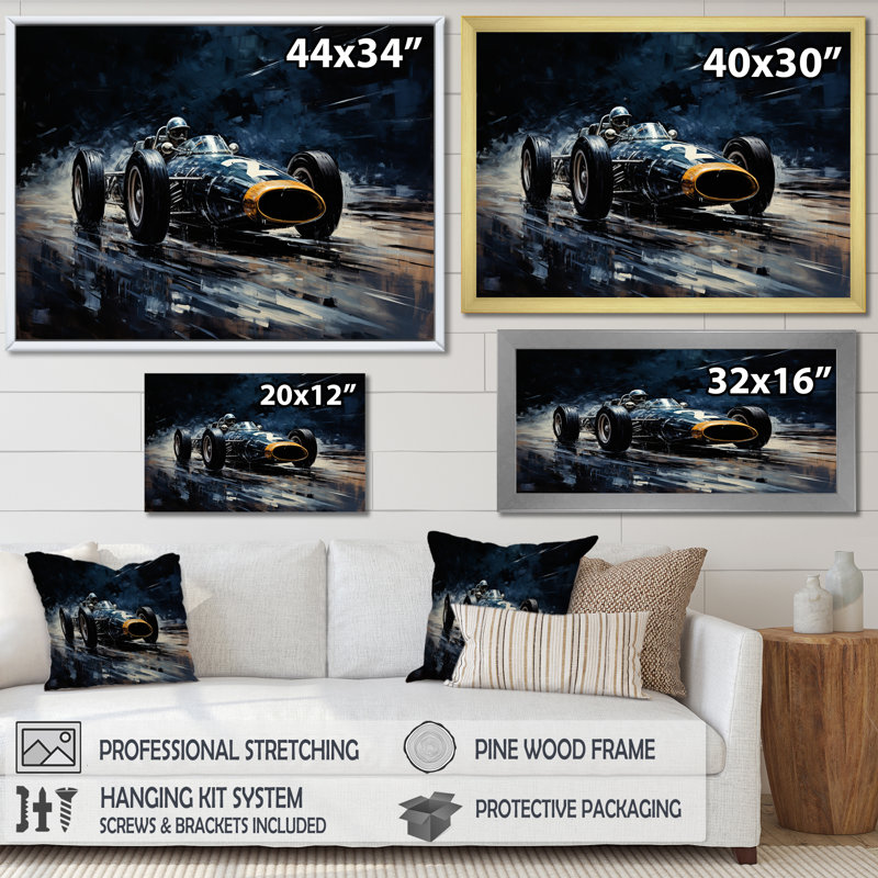 «Midnight Vintage Race Car 1950S On Race Track III - Race Tracks», art mural, Cadre doré à coins fermés