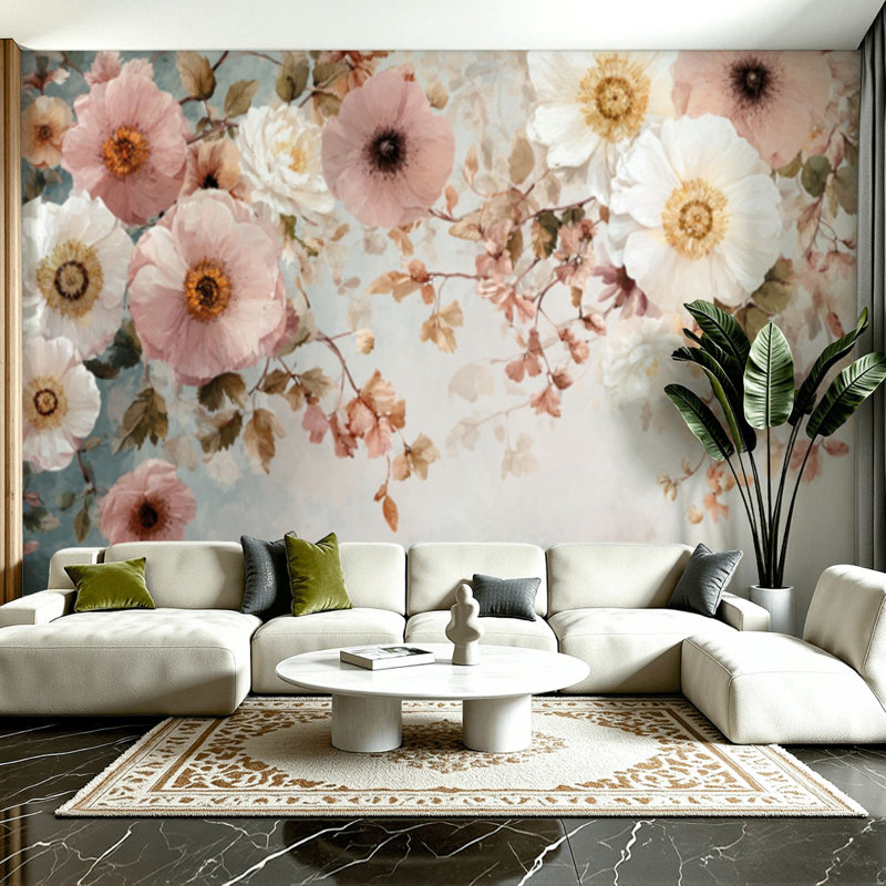 Adhésif mural aquarelle en spirale avec fleurs flottantes éthéréales