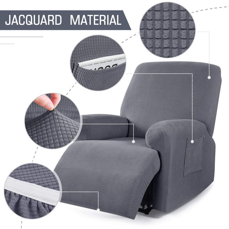 Gray Stretch Polyester Spandex Recliner Chair Cover with Side Pocket