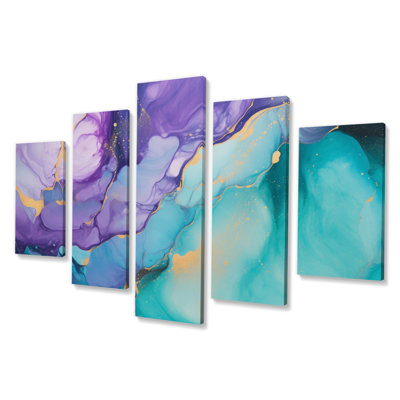 Turquoise et mauve, liquide Art III - fractales, reproduction sur toile - 5 panneaux