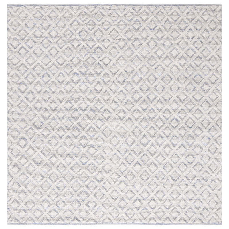 Agramonte Geometric Handwoven Wool Ivory/Blue Area Rug, Square 6'