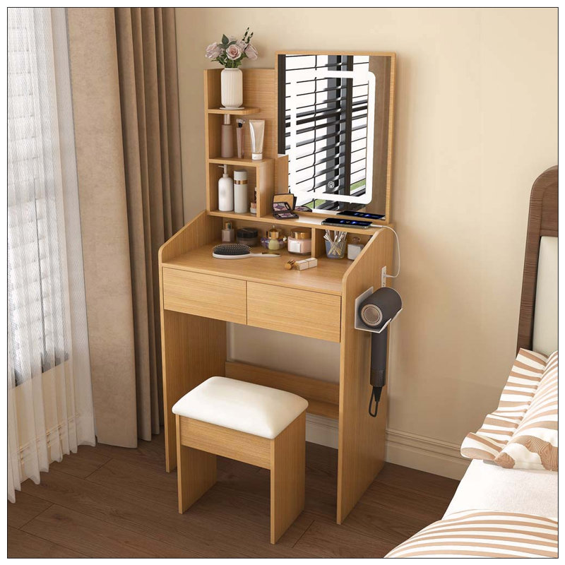 Table de coiffeuse compacte avec miroir à DEL, prise de courant et tabouret
