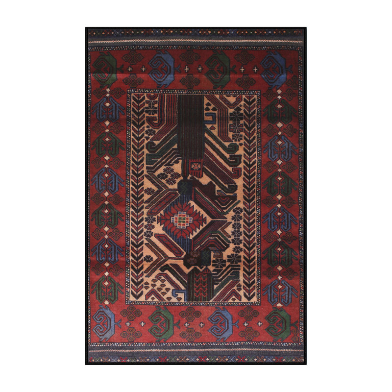 Tapis oriental rouge et brun en laine et polyester tissé à la machine Quattro, Rectangle 5 pi x 7 pi