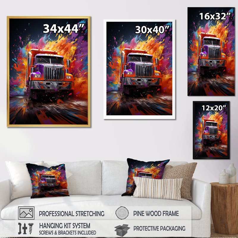 «Expressionist Monster Truck Fury» sur toile, H 32 po x l 24 po x P 1 po, Cadre flottant noir
