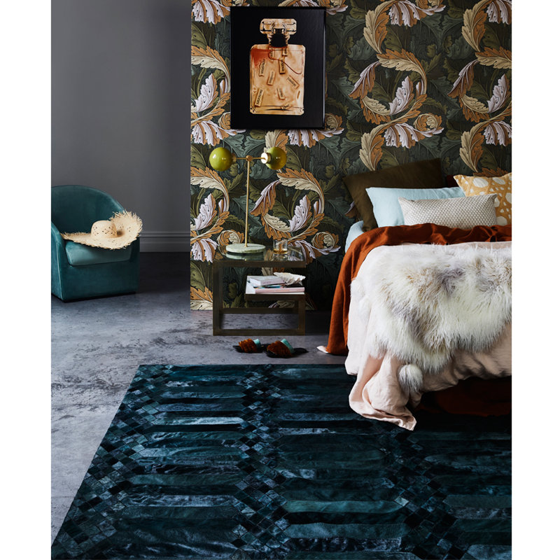 Largo Cowhide Geometric Area Rug in Teal, Rectangle 6'7" x 9'8"