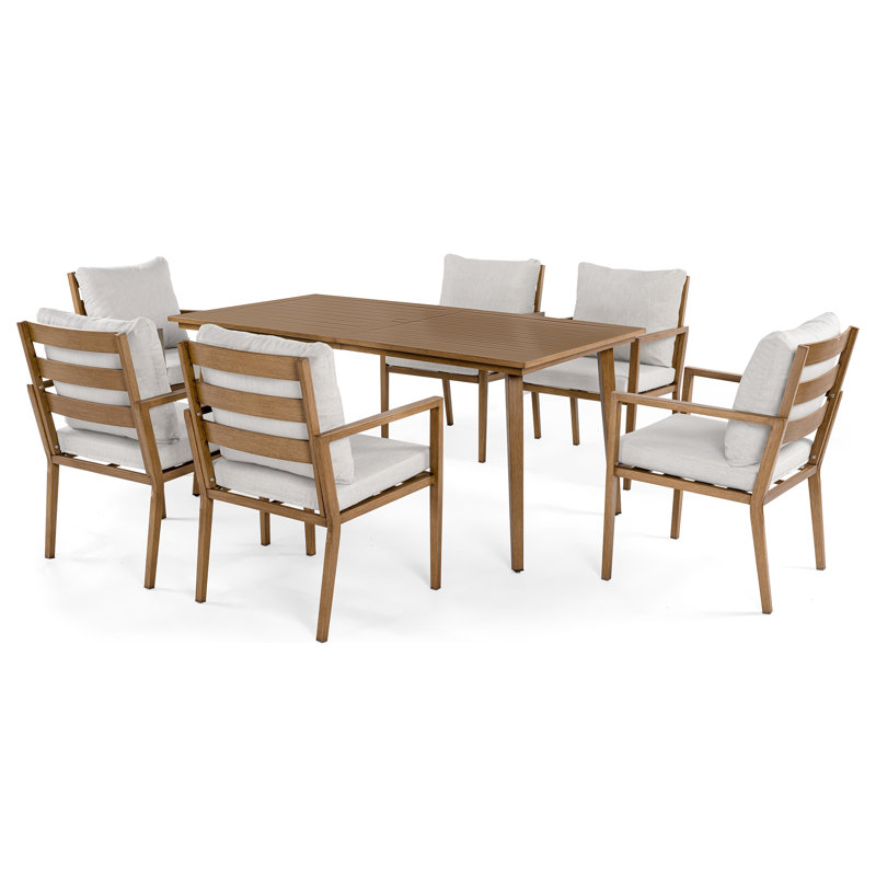 Ensemble de salle à manger 7 pièces en aluminium brun Riviera avec table rectangulaire et coussins gris clair Riviera